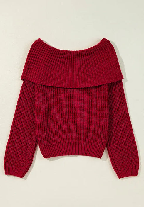 'Zenithra' Knit Off Shoulder Red Sweater - Celes Fashion